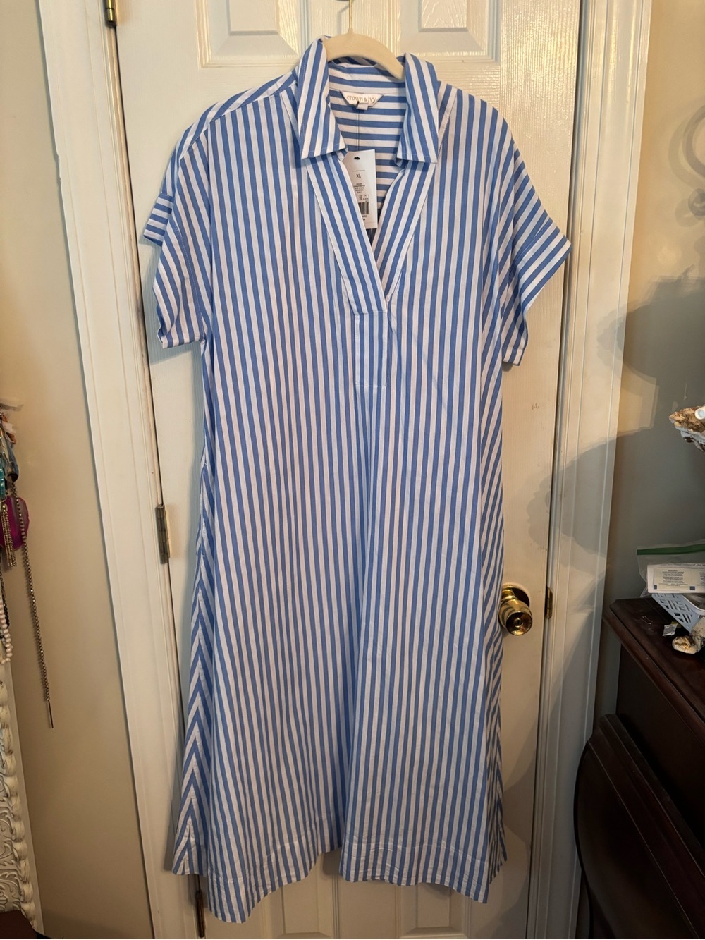 Crown Blue and White Striped Midi Shirt Dress